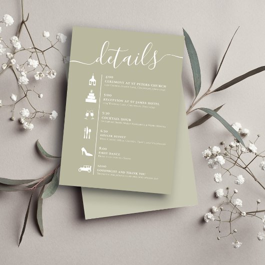 Carte D'accompagnement Détails Code QR Mariage Timeline Sage vert