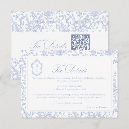 Carte D'accompagnement Détails de chinoiserie florale bleu doux Code QR (Devant / Derrière)