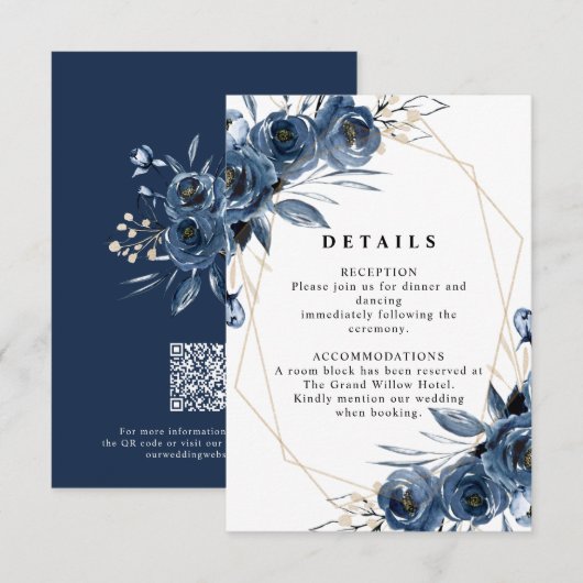 Carte D'accompagnement Détails de code QR de mariage bleu marine simple e (Devant / Derrière)