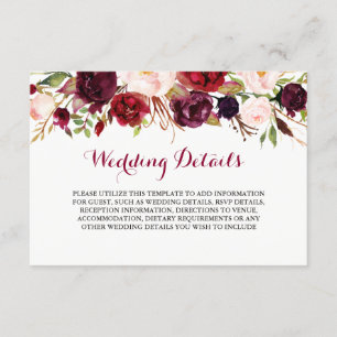 Carte D'accompagnement Détails de la réception de mariage Floral Burgundy