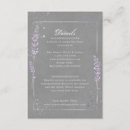 Carte D'accompagnement Détails de la réception de mariage violet gris lav (Devant)