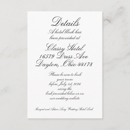 Carte D'accompagnement Détails de l'hôtel (Devant)