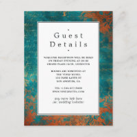 Détails de l'invité de mariage en cuivre patiné et