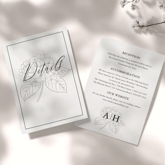 Carte D'accompagnement Détails de mariage à l'hortensia minimal noir et b