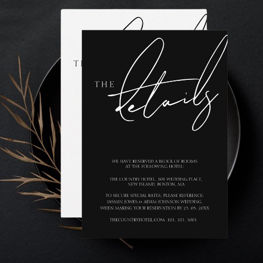 Carte D'accompagnement Détails de mariage à typographie de script noir si