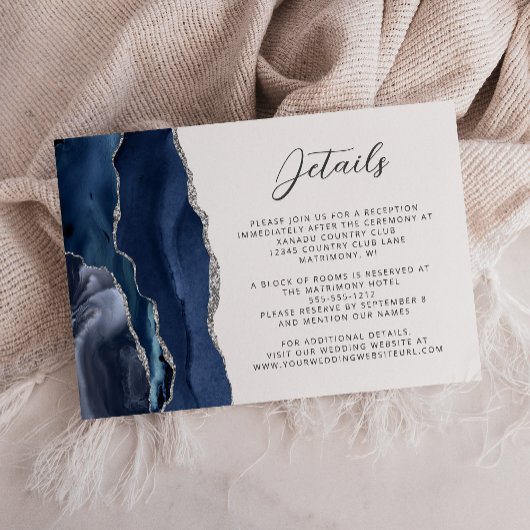 Carte D'accompagnement Détails de mariage Agate Bleu Nuit Argent Script