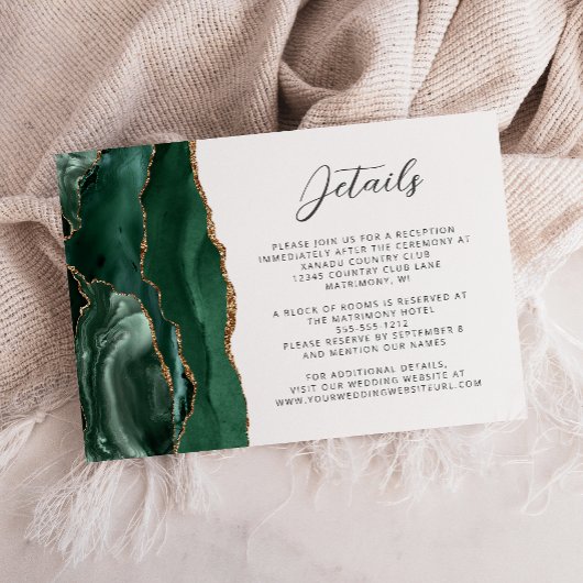 Carte D'accompagnement Détails de mariage Agate Émeraude Vert Or Script