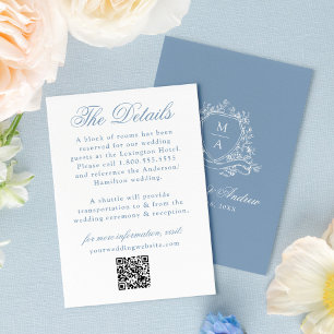 Carte D'accompagnement Détails de mariage au blason floral bleu élégant