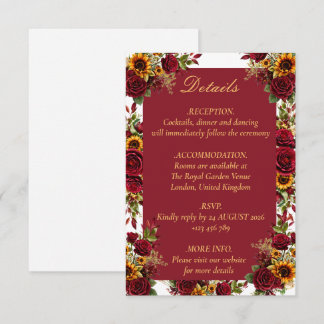 Carte D'accompagnement Détails de mariage au tournesol de Bourgogne
