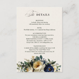 Carte D'accompagnement Détails de mariage aux pivoines florales bleu mari