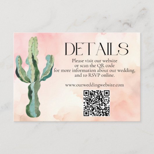 Carte D'accompagnement Détails de mariage avec code QR de cactus de déser (Devant)