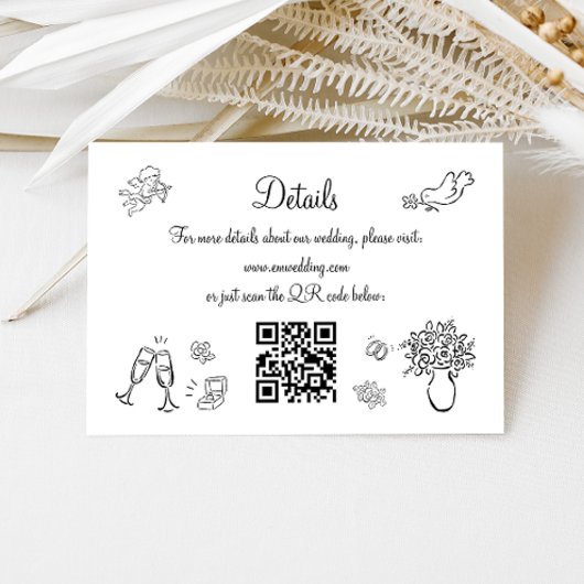 Carte D'accompagnement Détails de mariage avec code QR dessiné à la main 