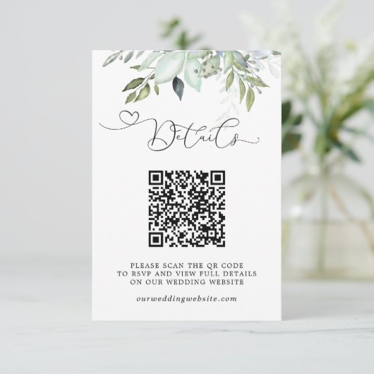 Carte D'accompagnement Détails de mariage avec code QR et feuillage de ve (Debout devant)