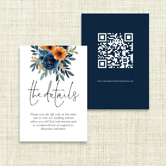 Carte D'accompagnement Détails de mariage avec code QR Fleurs Orange Brûl