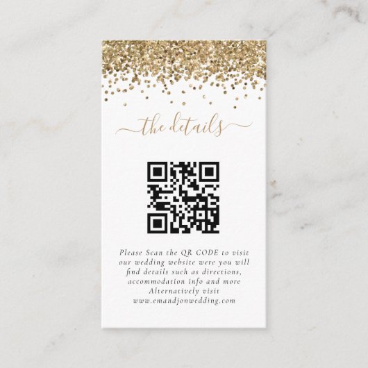 Carte D'accompagnement Détails de mariage avec code QR pailleté or miniat (Devant)