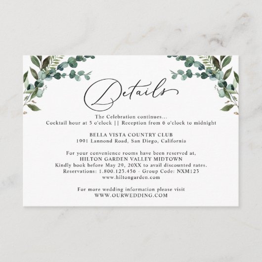 Carte D'accompagnement Détails de mariage avec eucalyptus rustique en ver (Devant)