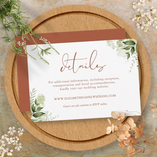Carte D'accompagnement Détails de mariage avec feuilles de verdure rustiq