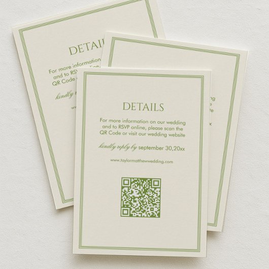 Carte D'accompagnement Détails de mariage blanc et vert Code Qr