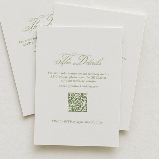 Carte D'accompagnement Détails de mariage blanc et vert Code Qr RSVP