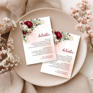 Carte D'accompagnement Détails de mariage blanc floral or Burgundy de jar