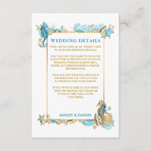 Carte D'accompagnement Détails de mariage bleu corail coquillages aquarel