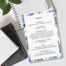 Détails de mariage botanique à l'aquarelle bleue