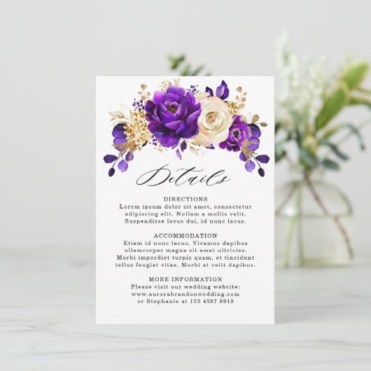 Carte D'accompagnement Détails de mariage botanique violet or royal (Debout devant)