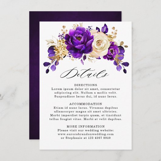 Carte D'accompagnement Détails de mariage botanique violet or royal (Devant / Derrière)