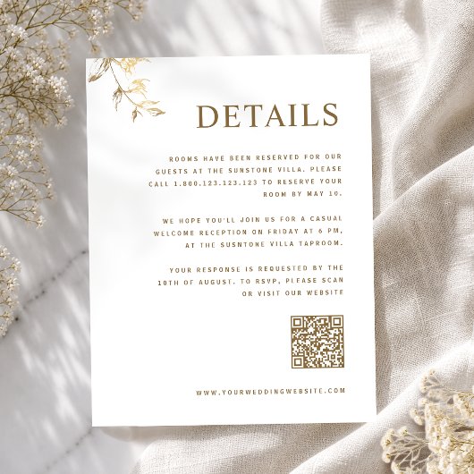 Carte D'accompagnement Détails de mariage chic blanc et or avec code Qr E