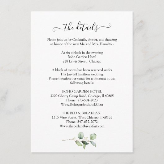 Carte D'accompagnement Détails de mariage chic rustique avec verdure et e (Devant)