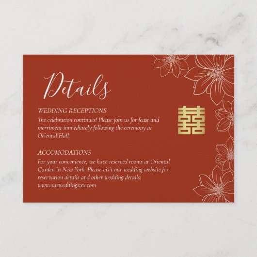 Carte D'accompagnement Détails de mariage chinois floraux modernes rouges (Devant)