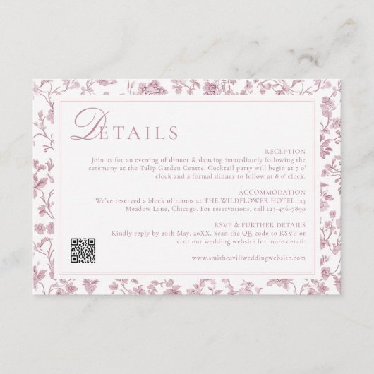 Carte D'accompagnement Détails de mariage chinoiserie rose poussiéreux (Devant)