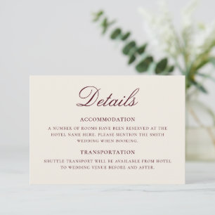 Carte D'accompagnement Détails de mariage classique élégant en bordeaux e