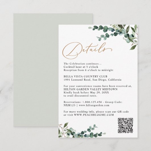 Carte D'accompagnement Détails de mariage Code QR Elegant Greenery Or (Devant / Derrière)