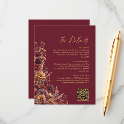 Carte D'accompagnement Détails de mariage Code QR Fleurs sauvages Bohème  (Devant/Arrière en situation)
