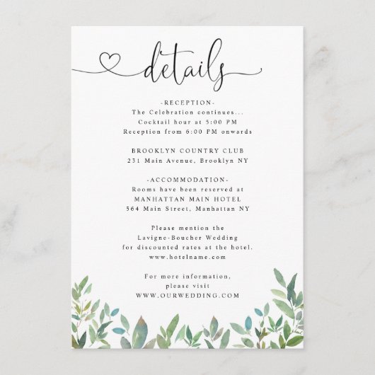 Carte D'accompagnement Détails de mariage coeur de verdure de feuillage b (Devant)