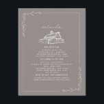 Carte D'accompagnement Détails de mariage de campagne grise améthyste dan<br><div class="desc">Illustration de ligne de la grange en haut avec une bordure botanique et un fond de couleur grise améthyste.</div>