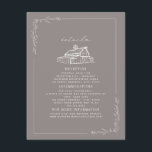 Carte D'accompagnement Détails de mariage de campagne grise améthyste dan<br><div class="desc">Illustration de ligne de la grange en haut avec une bordure botanique et un fond de couleur grise améthyste.</div>