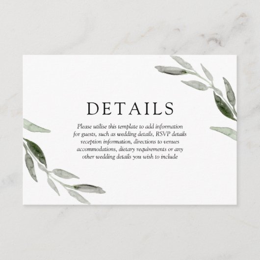 Carte D'accompagnement Détails de mariage de feuille verte élégante de pr (Devant)