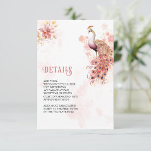 Carte D'accompagnement Détails de mariage de paon indien floral or rose