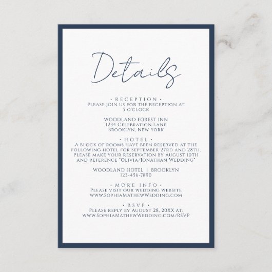 Carte D'accompagnement Détails de mariage de script bleu marine simple (Devant)