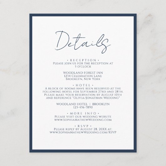 Carte D'accompagnement Détails de mariage de script de bordure bleu marin (Devant)