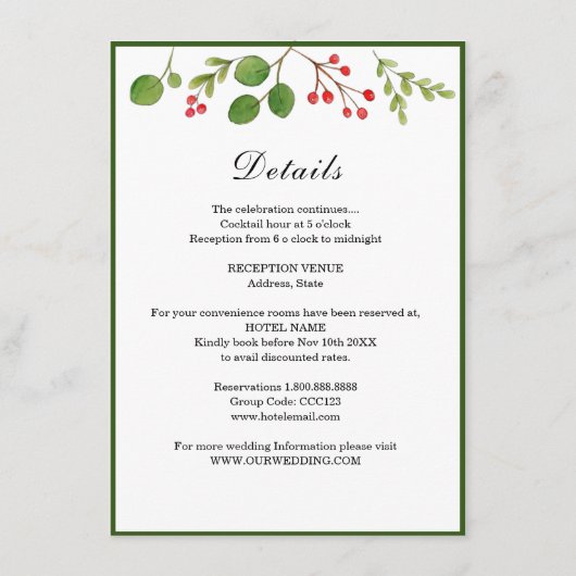 Carte D'accompagnement Détails de mariage de verdure d'hiver / Fêtes (Devant)
