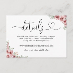 Carte D'accompagnement Détails de mariage écriture cœur floral Roses
