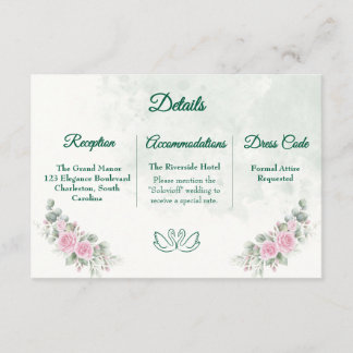 Carte D'accompagnement Détails de mariage Elegant Blush Rose Fleurie Cygn