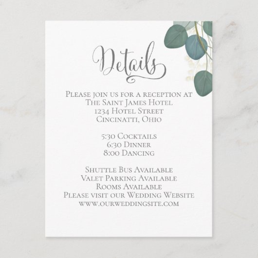 Carte D'accompagnement Détails de mariage élégant Feuilles Eucalyptus ver (Devant)