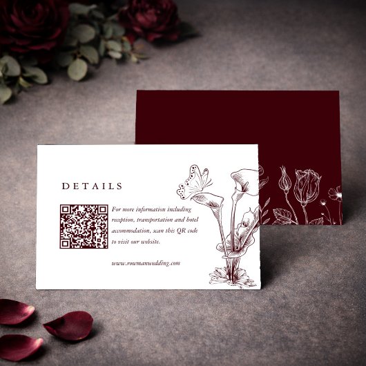 Carte D'accompagnement Détails de mariage élégant floral bordeaux Code QR