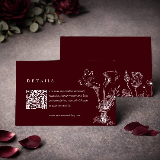 Carte D'accompagnement Détails de mariage élégant floral bordeaux Code QR