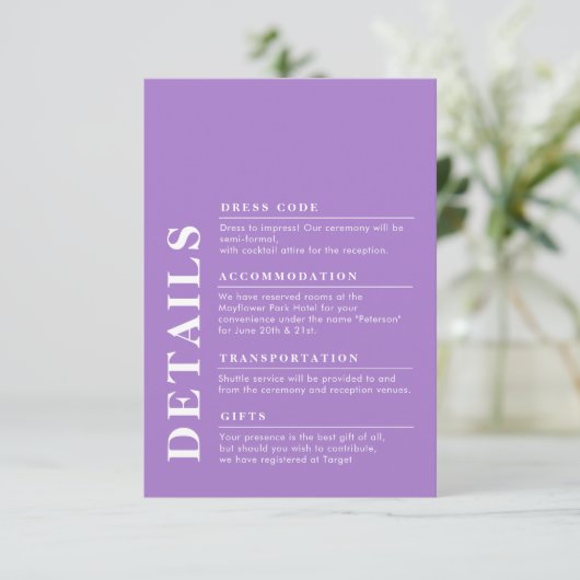 Carte D'accompagnement Détails de mariage élégant moderne Lavender (Debout devant)