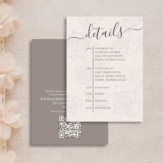 Carte D'accompagnement Détails de mariage élégant QR Code Blush Floral